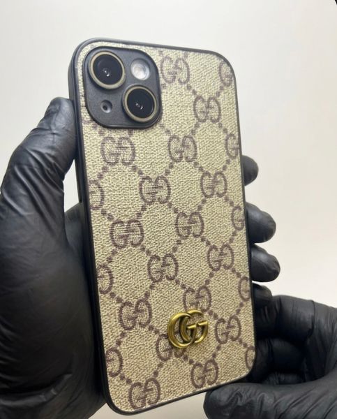 Дизайнерський чохол із металевим логотипом для iPhone 13 , у стилі GG , бежевий 9875-9 фото