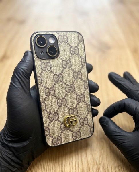 Дизайнерський чохол із металевим логотипом для iPhone 14 , у стилі GG , бежевий 9890 фото