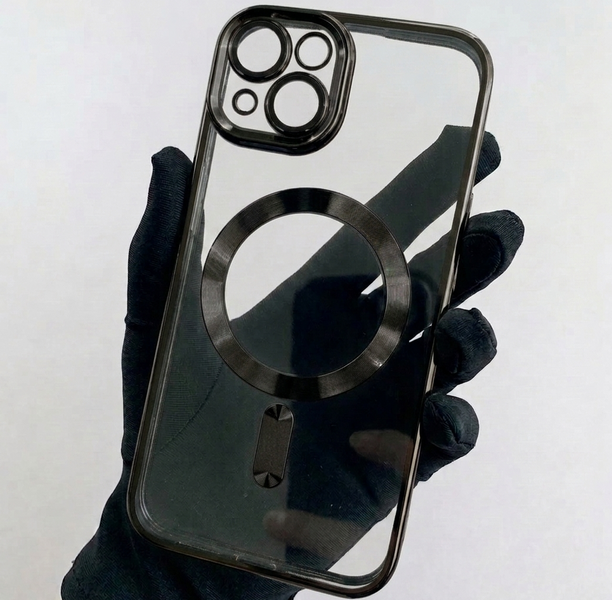 Прозорий силіконовий чохол для iPhone 15 Plus з підтримкою MagSafe та захистом лінз (Black) 8725 фото